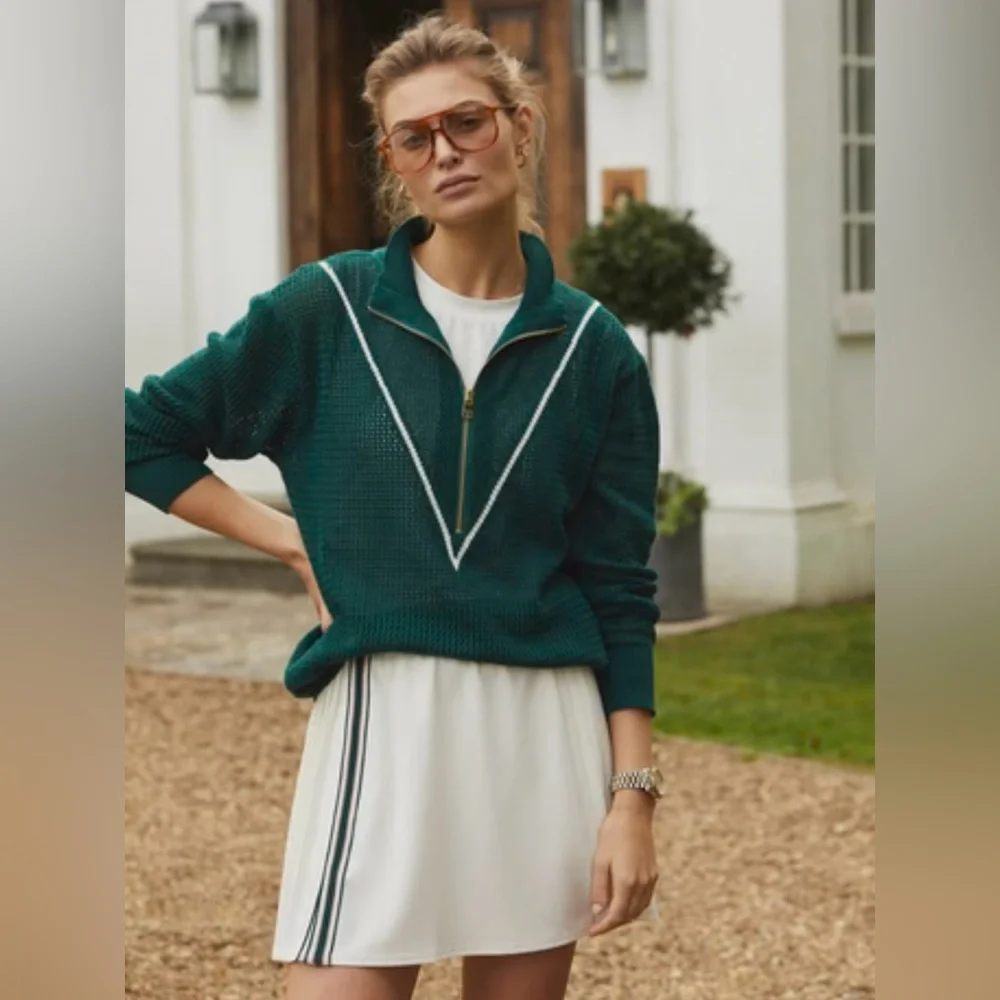 Varley Green Half-Zip Textured Sweater with White Trim - Picture 1 of 9